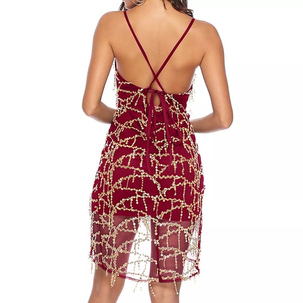 Chic Burgundy High Low Dress with Gold Accents - Picture 2 of 9